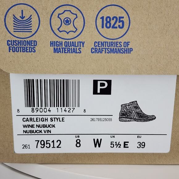 Clarks Women's Carleigh Style Wine Nubuck Ankle Boots - Size 8 W - Picture 9 of 9